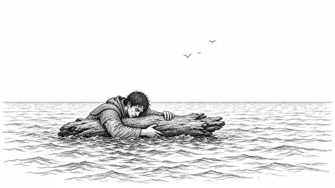 Ink drawing of a person clinging to a piece of driftwood on open water