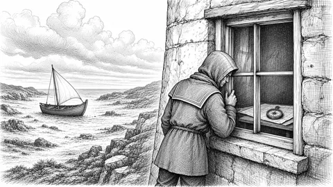 Ink drawing of a hooded figure looking through a stone window at a compass, a sailboat in the distance